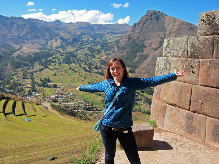 Sonja Riemenschneider at Pisac ruins looking out over the Sacred Valley.