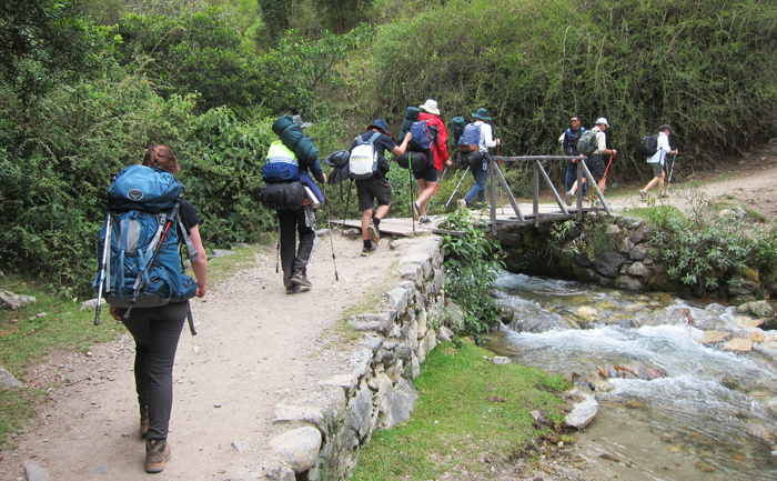 Inca Trail Day 1 Trekkers Over Bridge