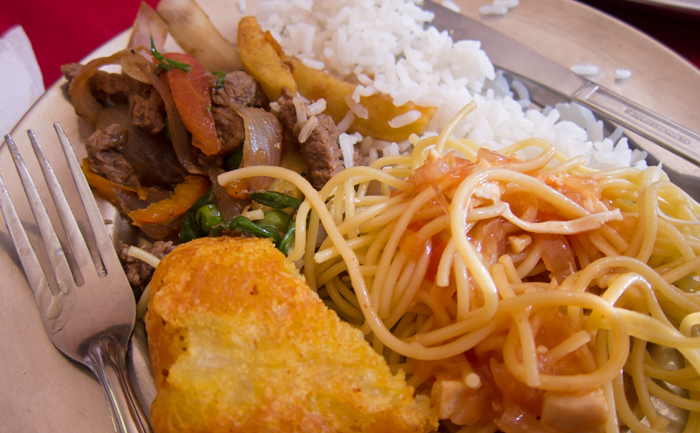 Inca Trail Day 2 Lomo Saltado with Yucca, Pasta, and Rice