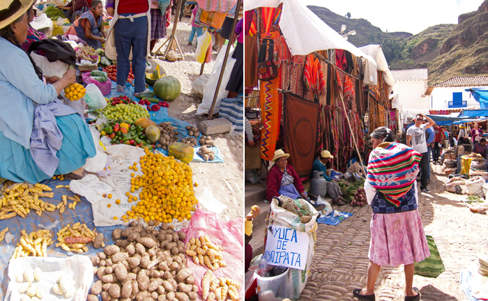 Sacred Valley Pisac Market locals shop and sell textiles, potatoes, and produce