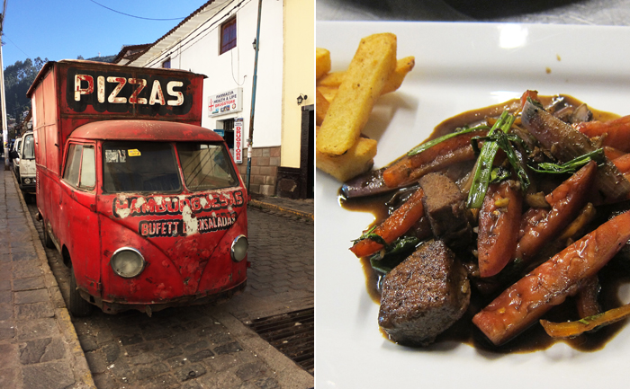 Tips for Cusco - sketchy pizza hamburguesa truck vs alpaca saltada from a Peruvian cooking class